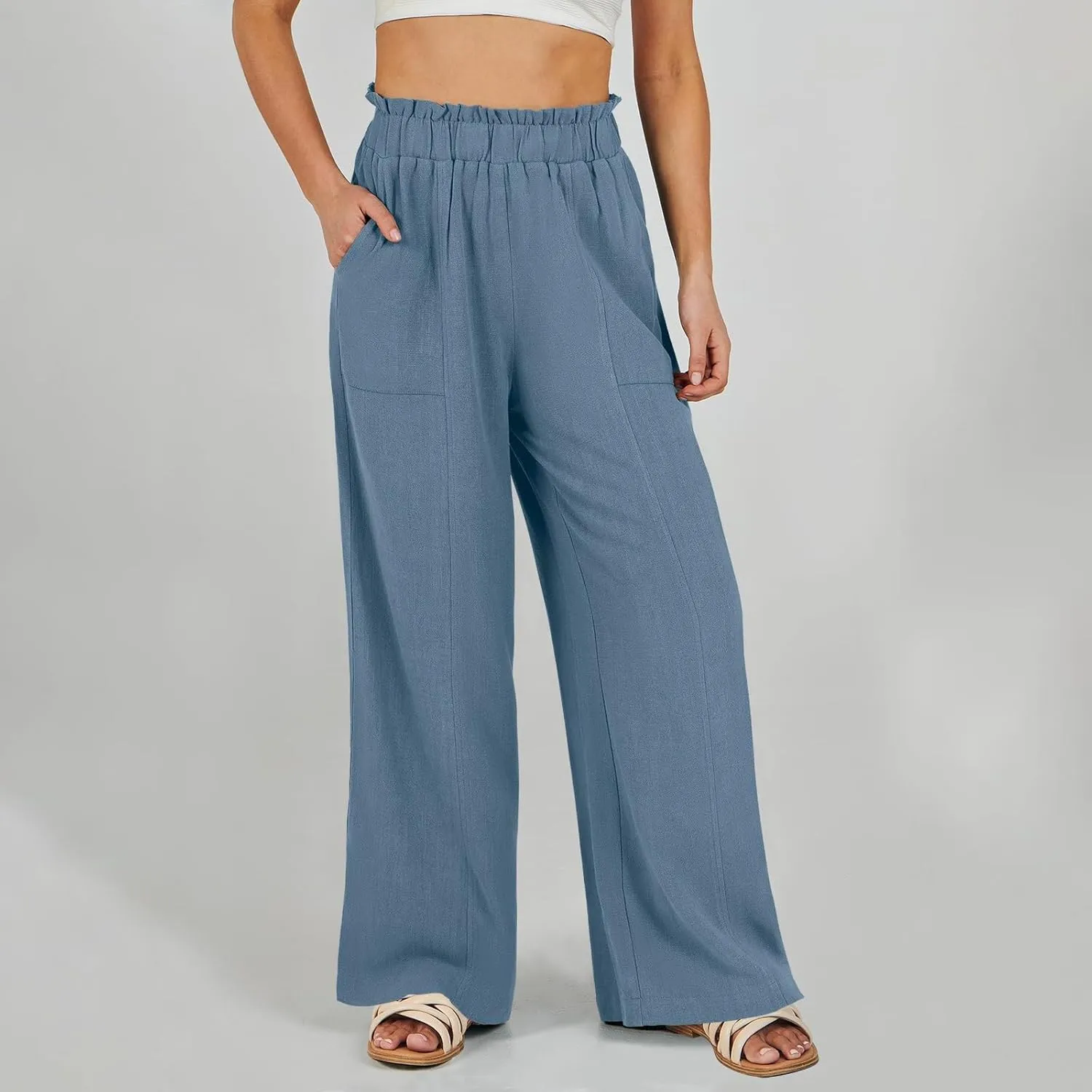 Women's Summer Fashion Casual Wide Leg Drawstring High Waist Pocket Long Dressy Loose Fit Pants