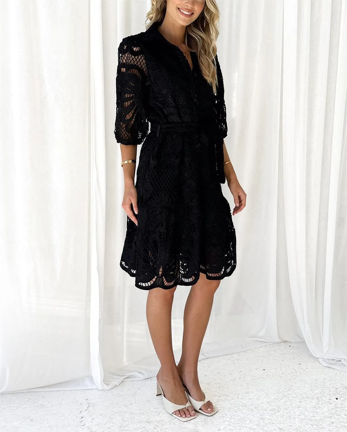 Women's Summer Hollow Out Lace Mini Dress Lantern Sleeve Lapel Button Ruffle Casual Beach Party Dresses