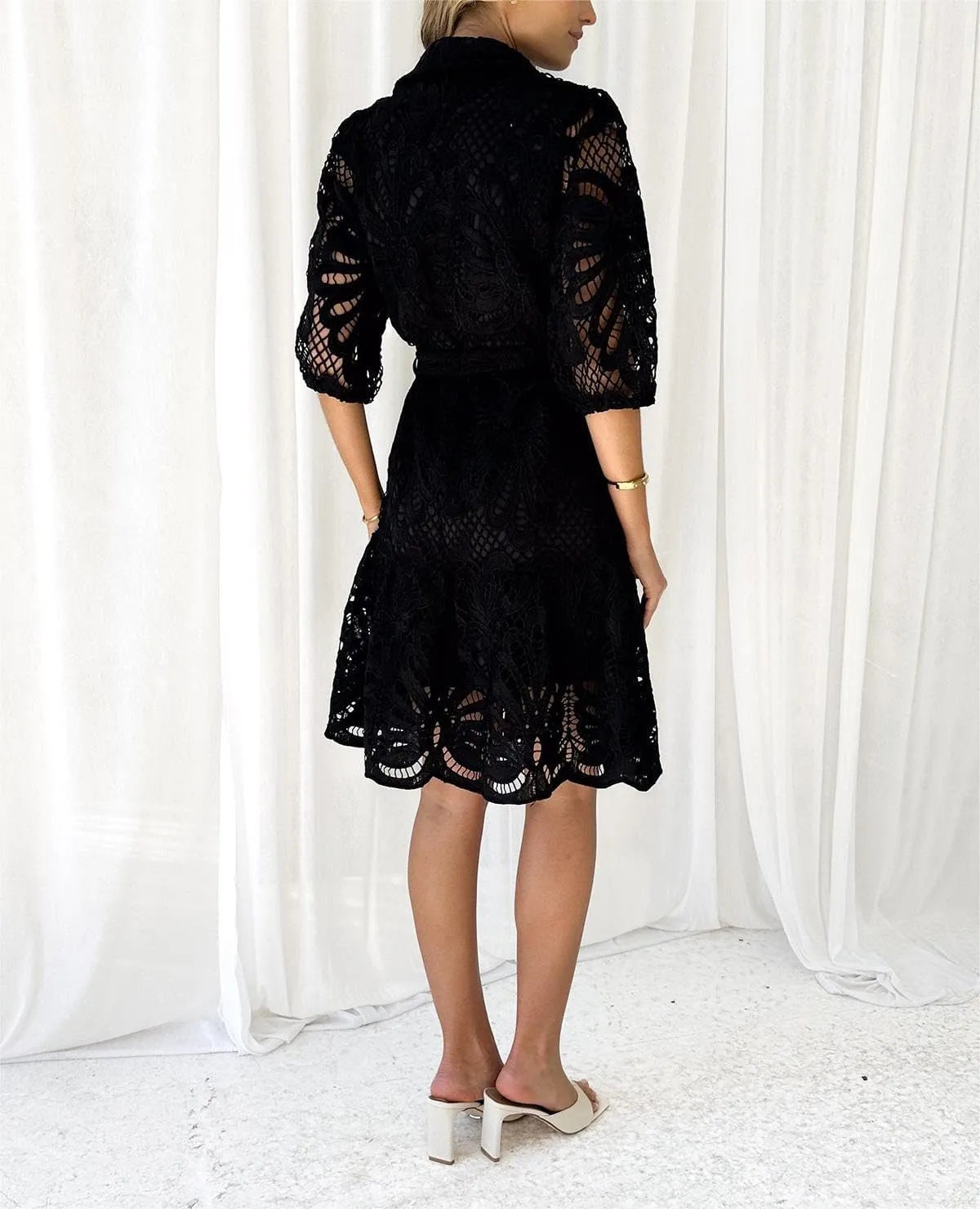 Women's Summer Hollow Out Lace Mini Dress Lantern Sleeve Lapel Button Ruffle Casual Beach Party Dresses