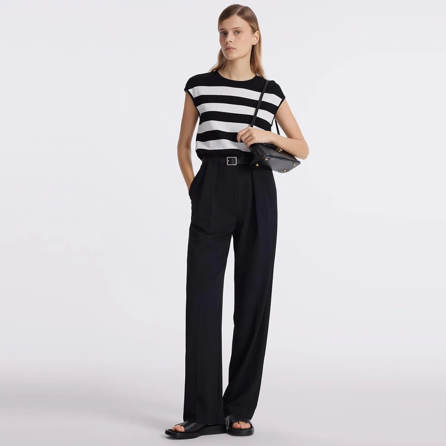 Womens Summer Knit Striped Tops Business Casual Cap Sleeve Loose Crewneck T Shirts Tee Blouses