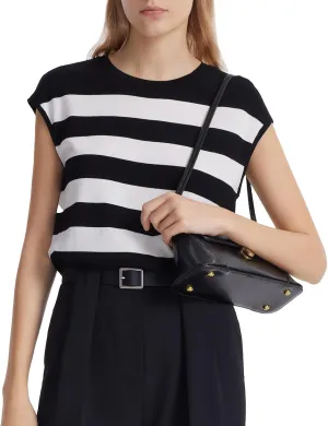 Womens Summer Knit Striped Tops Business Casual Cap Sleeve Loose Crewneck T Shirts Tee Blouses