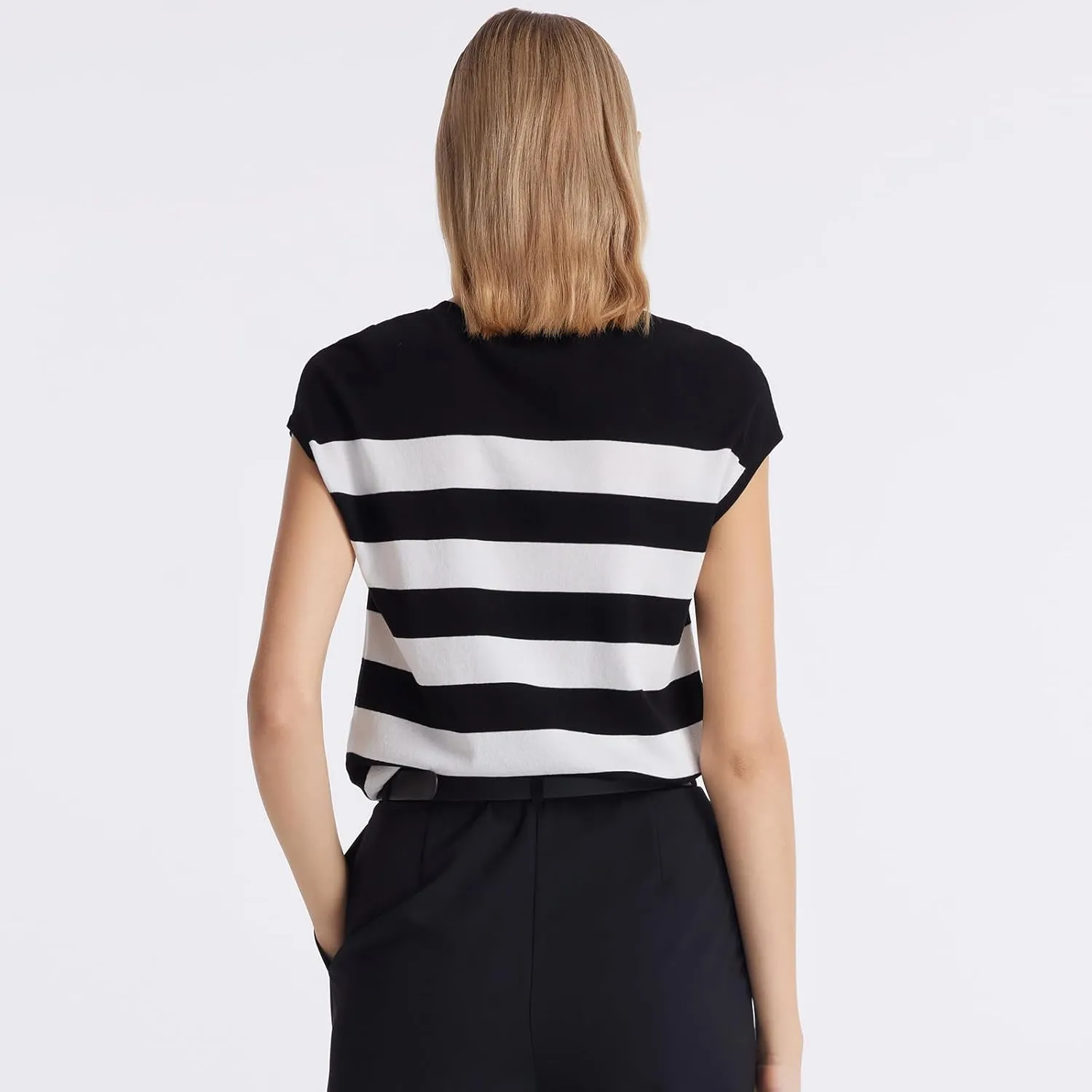 Womens Summer Knit Striped Tops Business Casual Cap Sleeve Loose Crewneck T Shirts Tee Blouses
