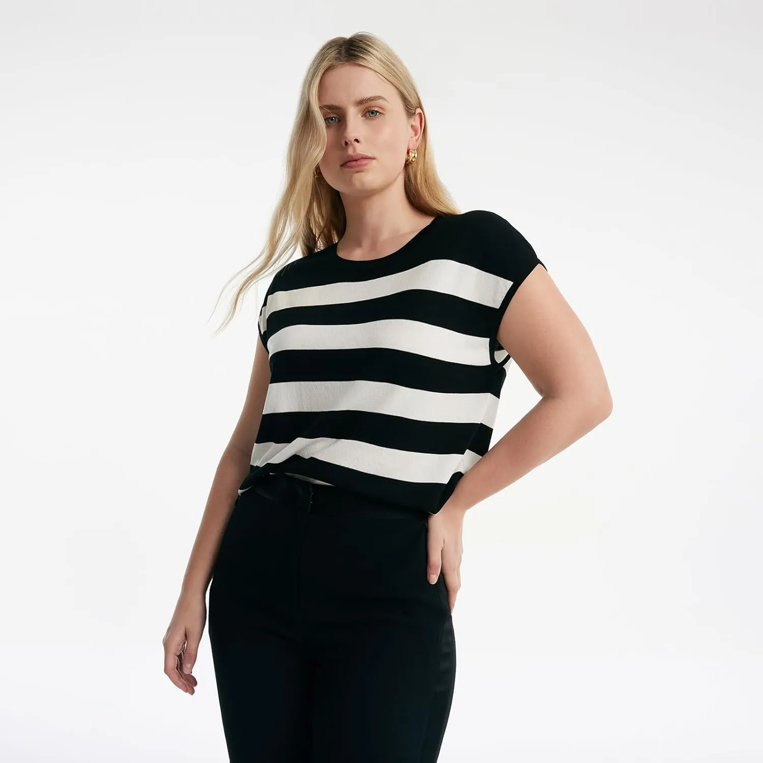 Womens Summer Knit Striped Tops Business Casual Cap Sleeve Loose Crewneck T Shirts Tee Blouses