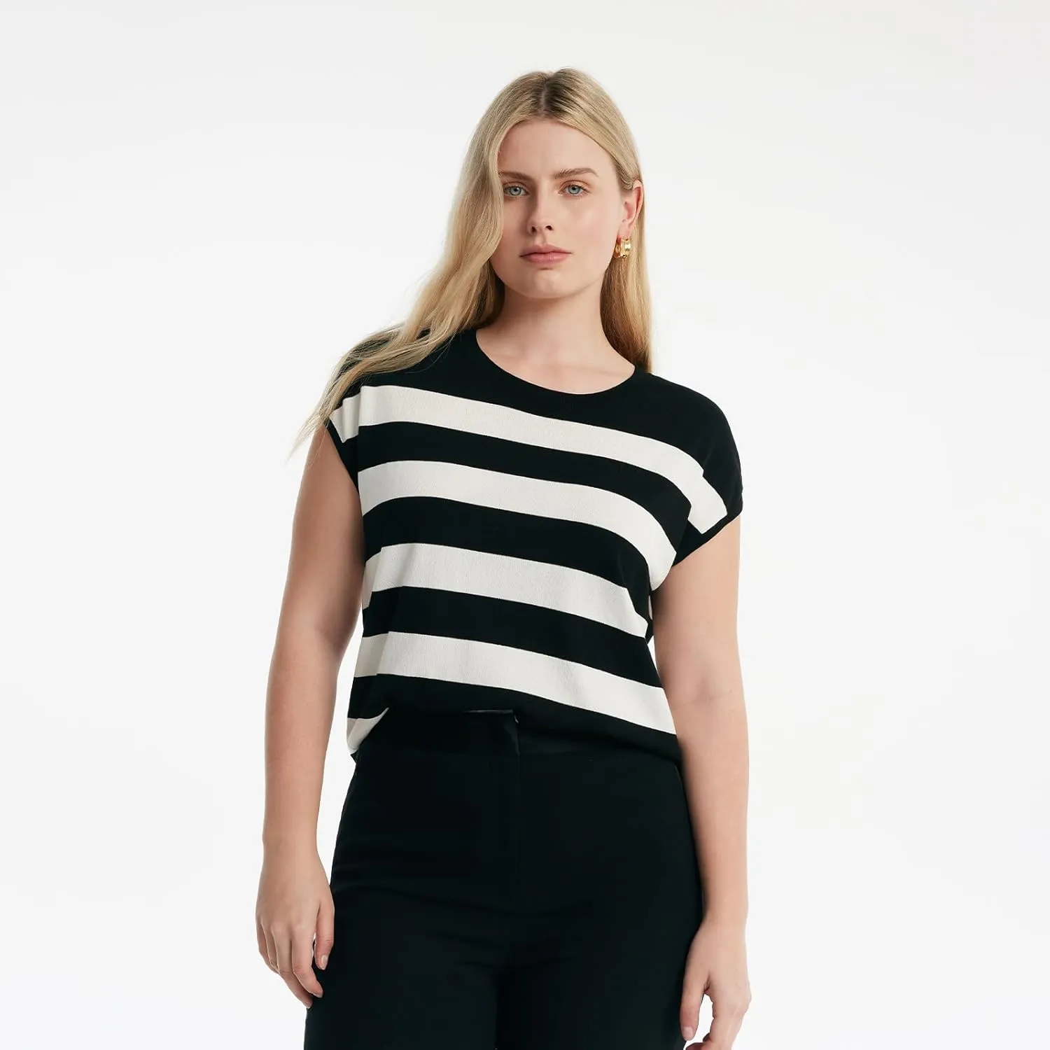 Womens Summer Knit Striped Tops Business Casual Cap Sleeve Loose Crewneck T Shirts Tee Blouses