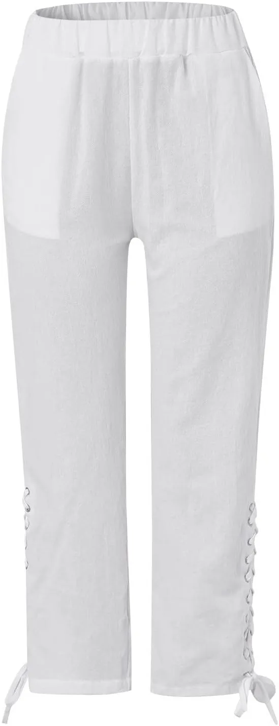 Women's Summer Lace Cotton Linen Beach Capri Pants 2024 with Pockets Casual Loose Elastic High Waisted Trousers
