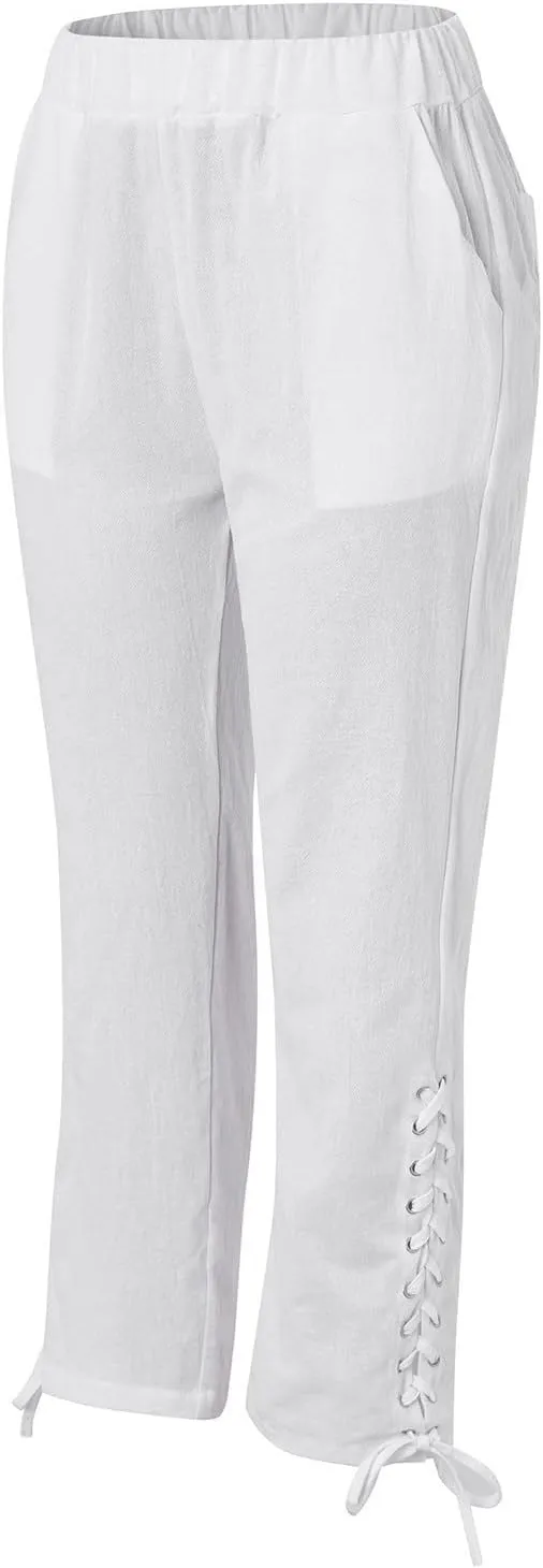 Women's Summer Lace Cotton Linen Beach Capri Pants 2024 with Pockets Casual Loose Elastic High Waisted Trousers