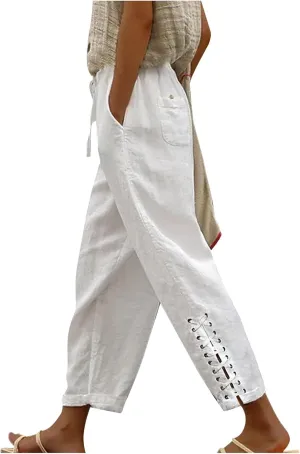Women's Summer Lace Cotton Linen Beach Capri Pants 2024 with Pockets Casual Loose Elastic High Waisted Trousers