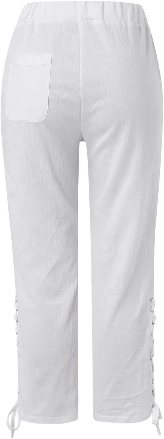 Women's Summer Lace Cotton Linen Beach Capri Pants 2024 with Pockets Casual Loose Elastic High Waisted Trousers