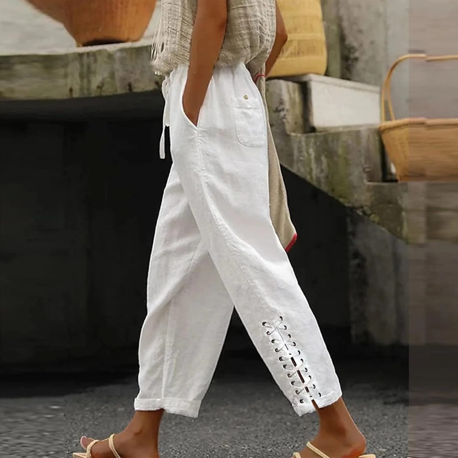 Women's Summer Lace Cotton Linen Beach Capri Pants 2024 with Pockets Casual Loose Elastic High Waisted Trousers