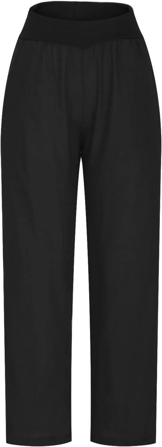 Women's Summer Linen Palazzo Pants High Waisted Wide Leg Slacks Casual Long Cotton Linen Office Trousers with Pockets