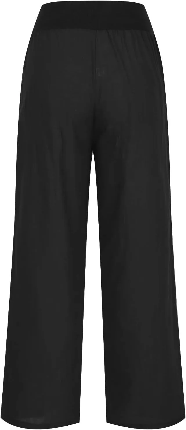 Women's Summer Linen Palazzo Pants High Waisted Wide Leg Slacks Casual Long Cotton Linen Office Trousers with Pockets