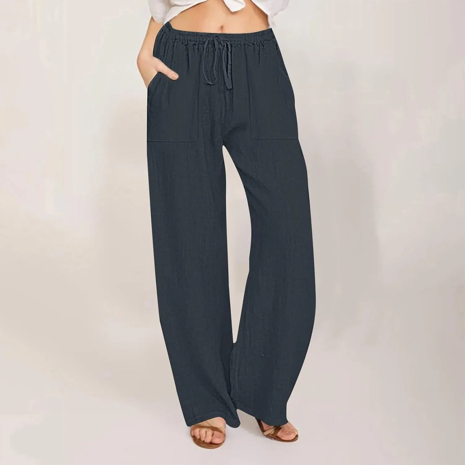 Women's Summer Linen Pants Flowy Wide Leg Long Lounge Pant Drawstring Trousers Business Casual Joggers Slacks Pockets
