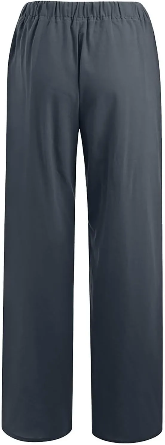 Women's Summer Linen Pants Flowy Wide Leg Long Lounge Pant Drawstring Trousers Business Casual Joggers Slacks Pockets