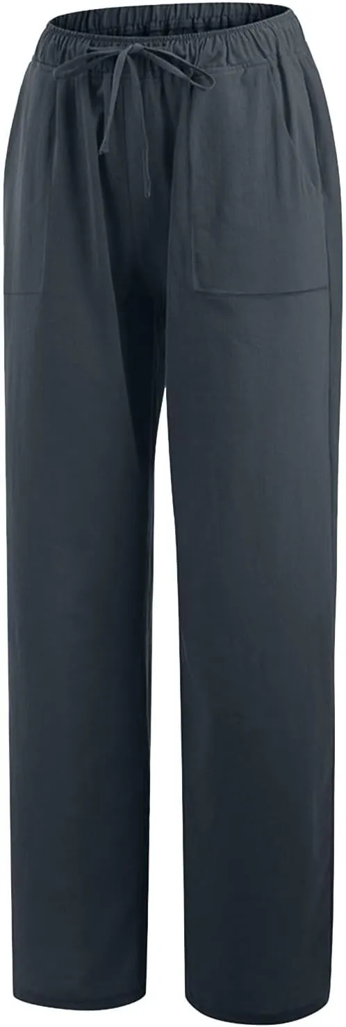 Women's Summer Linen Pants Flowy Wide Leg Long Lounge Pant Drawstring Trousers Business Casual Joggers Slacks Pockets