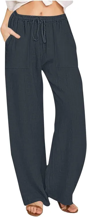 Women's Summer Linen Pants Flowy Wide Leg Long Lounge Pant Drawstring Trousers Business Casual Joggers Slacks Pockets