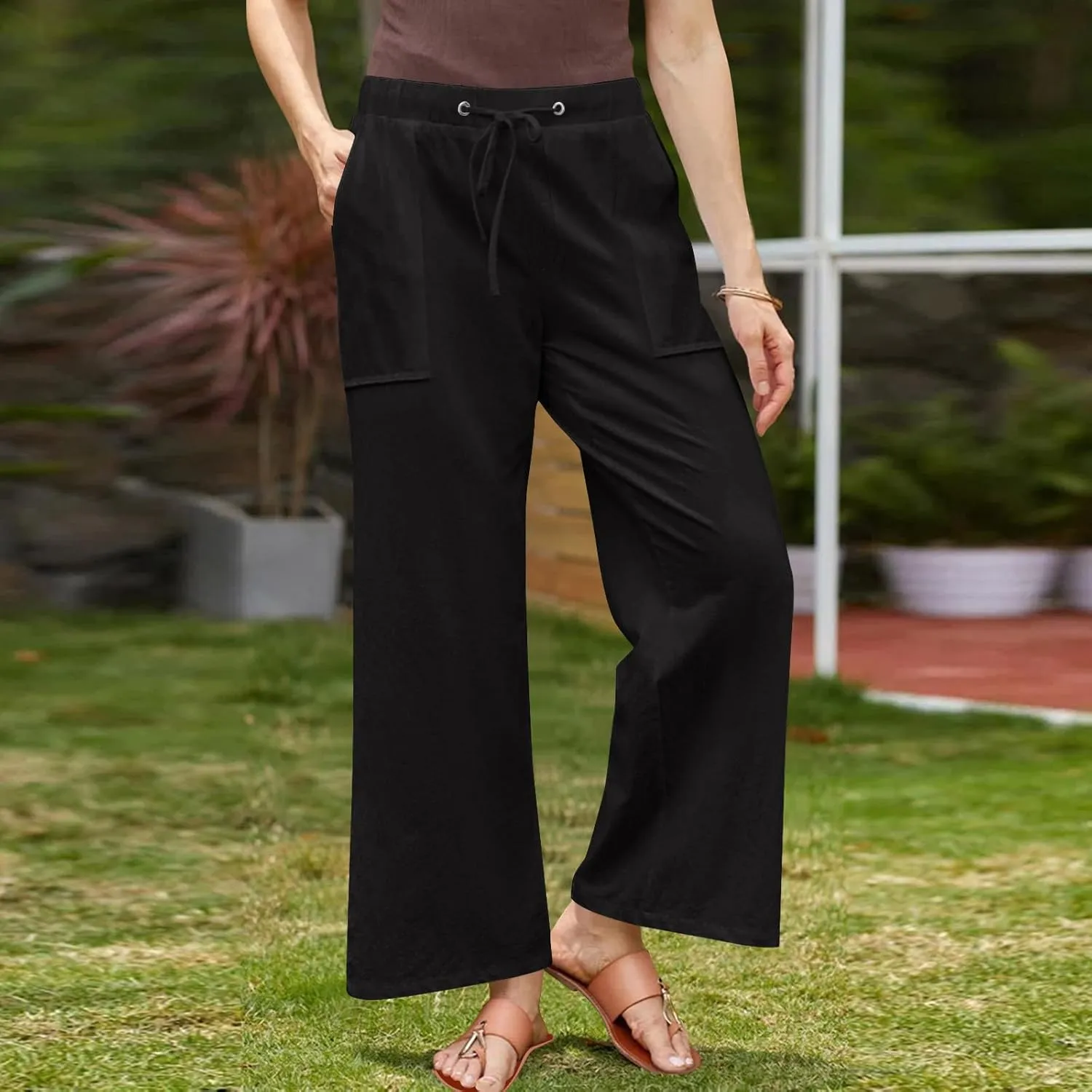 Women's Summer Loose Cotton Linen Palazzo Pants Drawstring Waist Wide Leg Pants with Pockets Long Lounge Trousers