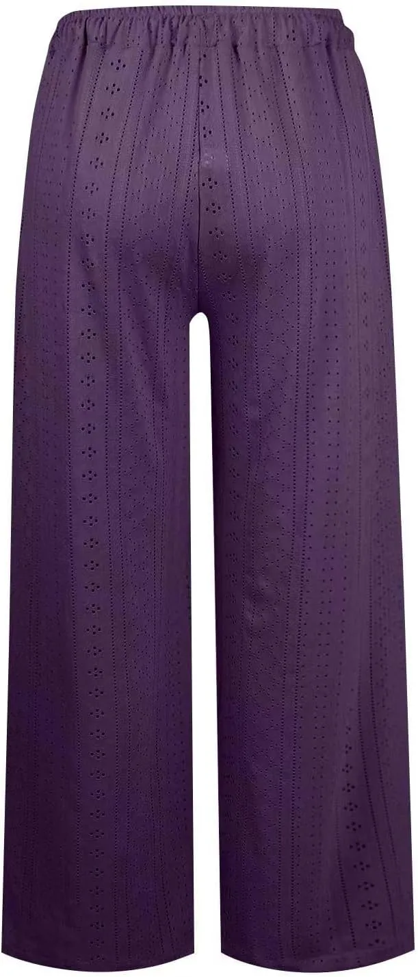 Women's Summer Pant 2024 Fashion Drawstring Hollow Hole Casual Loose Pant Solid Wide Leg Flowy Long Lounge Trousers