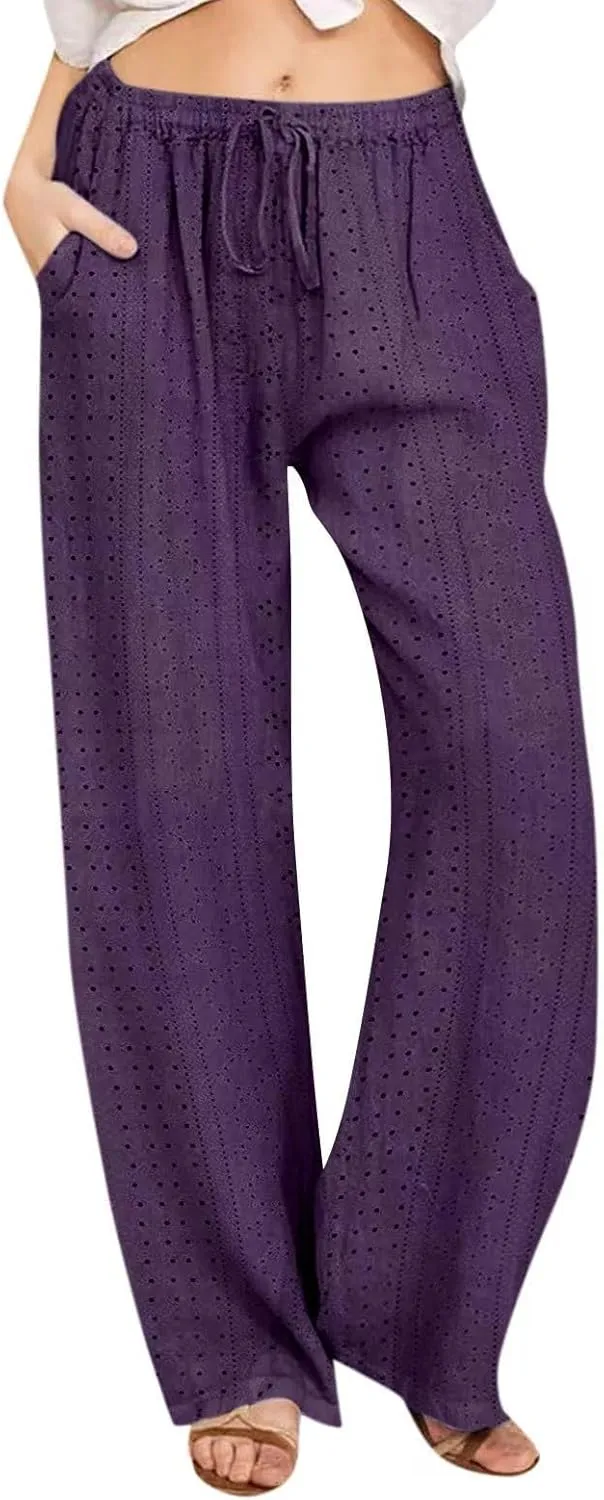 Women's Summer Pant 2024 Fashion Drawstring Hollow Hole Casual Loose Pant Solid Wide Leg Flowy Long Lounge Trousers
