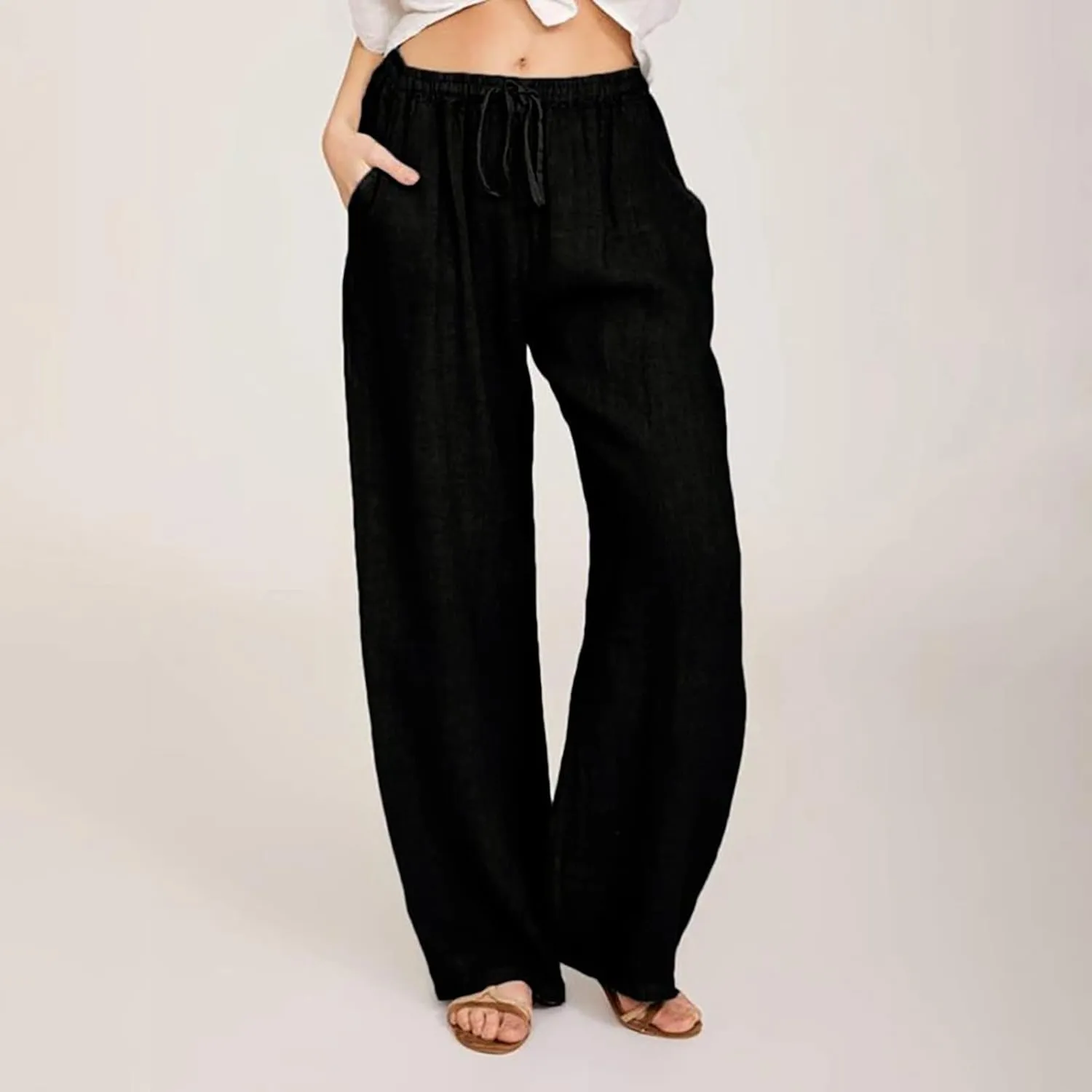 Women's Summer Pants, Linen Joggers for Women Flowy Beach Pants with Pockets Gym Wide Leg Yoga Pants Hawaii Travel Trousers