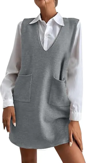 Womens Sweater Vest Dress Sleeveless V Neck Solid Color Wool Medium Sweater Dress Dual Pocket Straight Dresses
