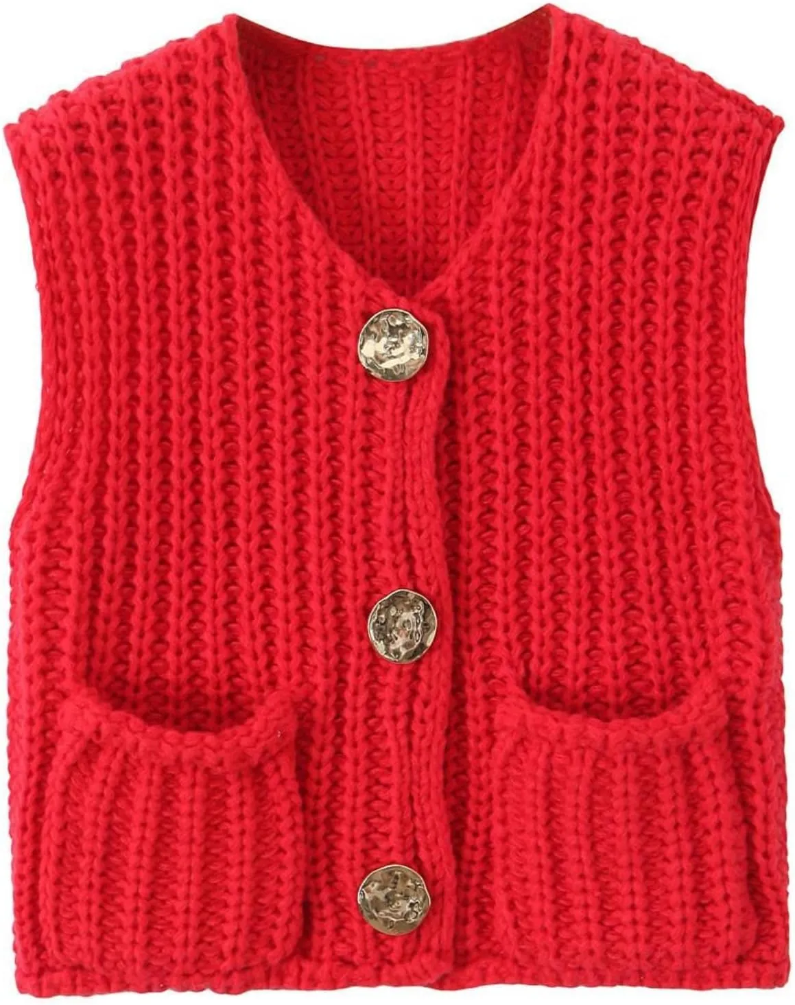 Women's Sweater Vest Knit Top Crop Crochet Chunky Sleeveless With Gold Button XS-XL