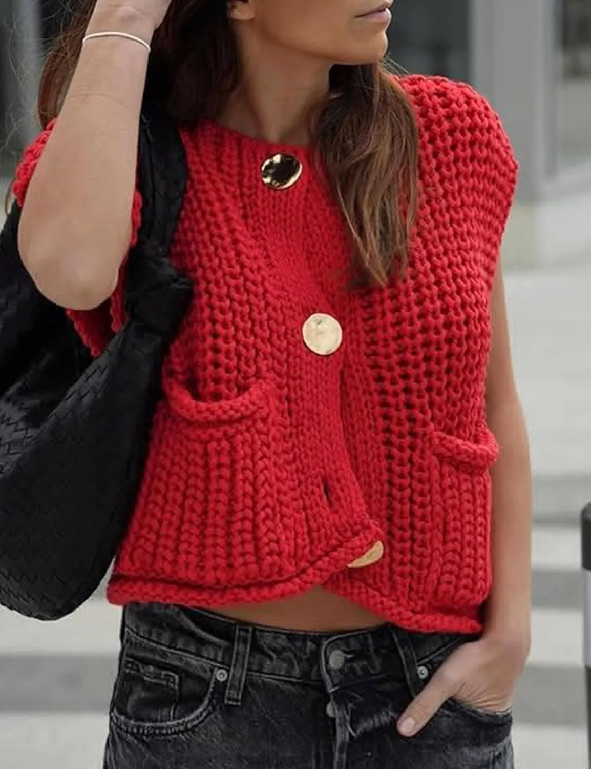 Women's Sweater Vest Knit Top Crop Crochet Chunky Sleeveless With Gold Button XS-XL