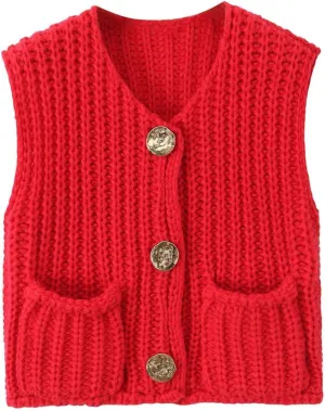 Women's Sweater Vest Knit Top Crop Crochet Chunky Sleeveless With Gold Button XS-XL
