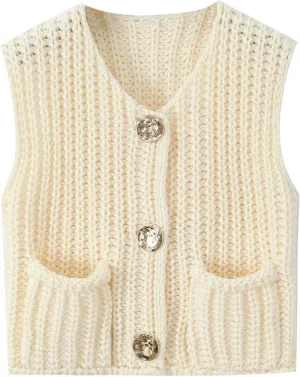 Women's Sweater Vest Knit Top Crop Crochet Chunky Sleeveless With Gold Button XS-XL