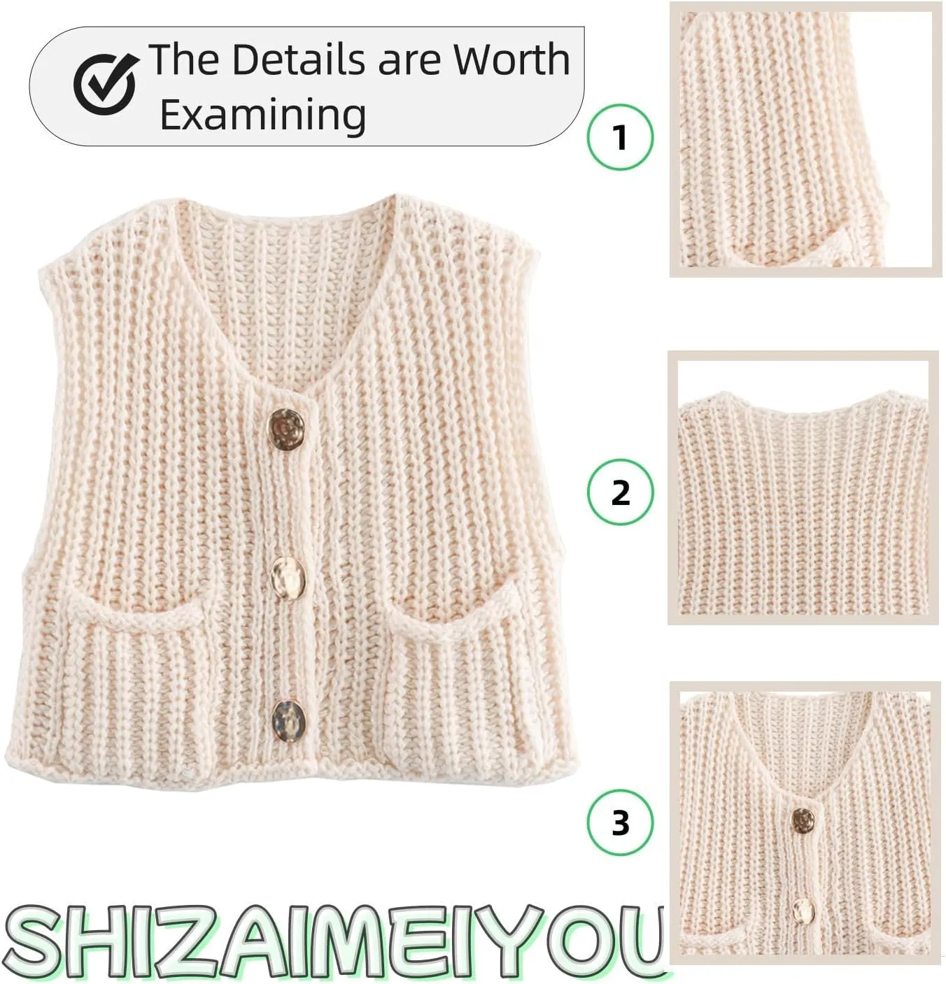 Women's Sweater Vest Knit Top Crop Crochet Chunky Sleeveless With Gold Button XS-XL
