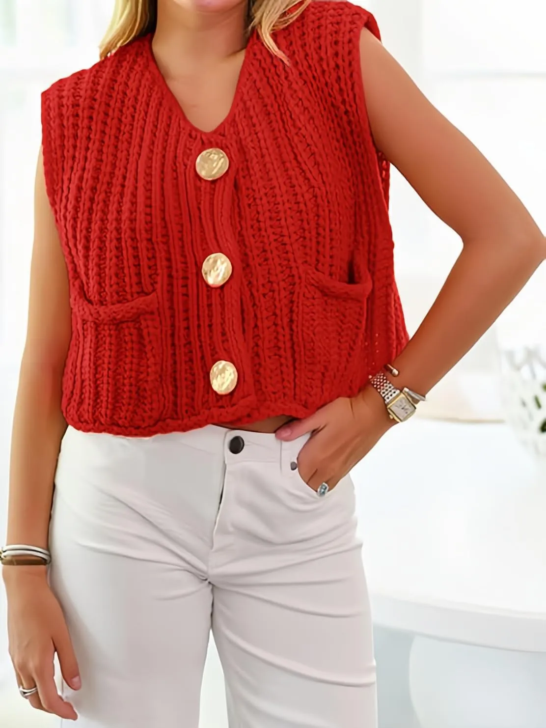 Women's Sweater Vest Knit Top Crop Crochet Chunky Sleeveless With Gold Button XS-XL