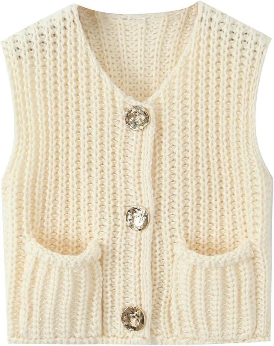 Women's Sweater Vest Knit Top Crop Crochet Chunky Sleeveless With Gold Button XS-XL