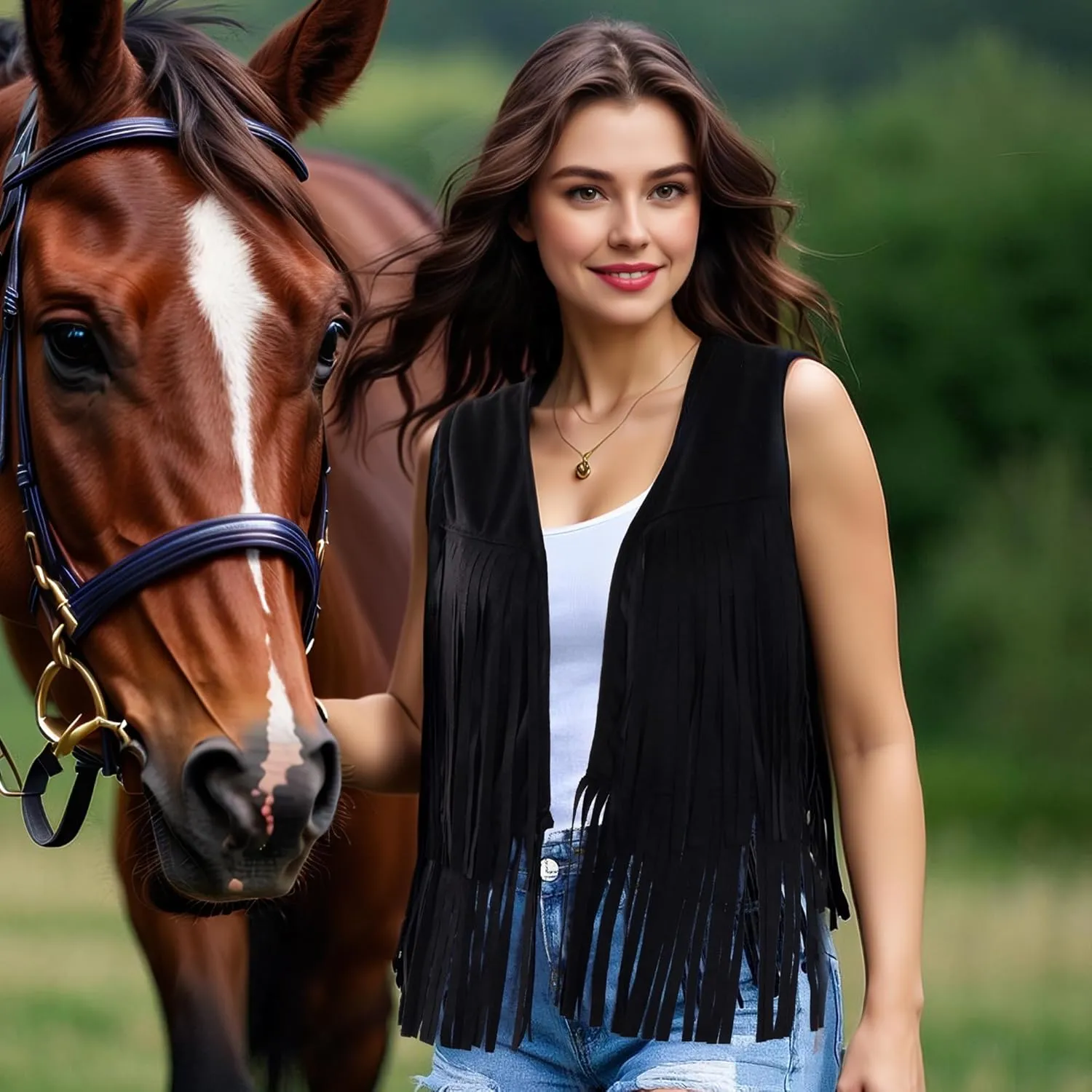 Womens Tassel Fringe Vest Sleeveless Western Cowgirl Vest 70s Costume Tops Hippie Jacket for Halloween