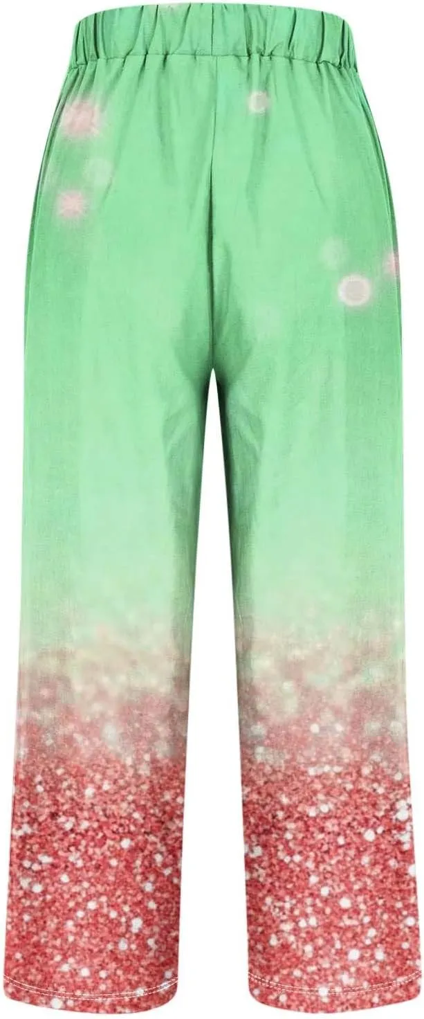 Womens Trendy Printed Linen Pants Summer High Elastic Waisted Long Pants Casual Straight Leg Trousers with Pockets