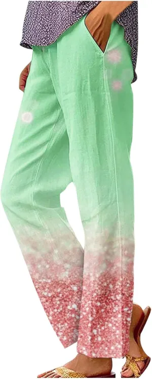 Womens Trendy Printed Linen Pants Summer High Elastic Waisted Long Pants Casual Straight Leg Trousers with Pockets