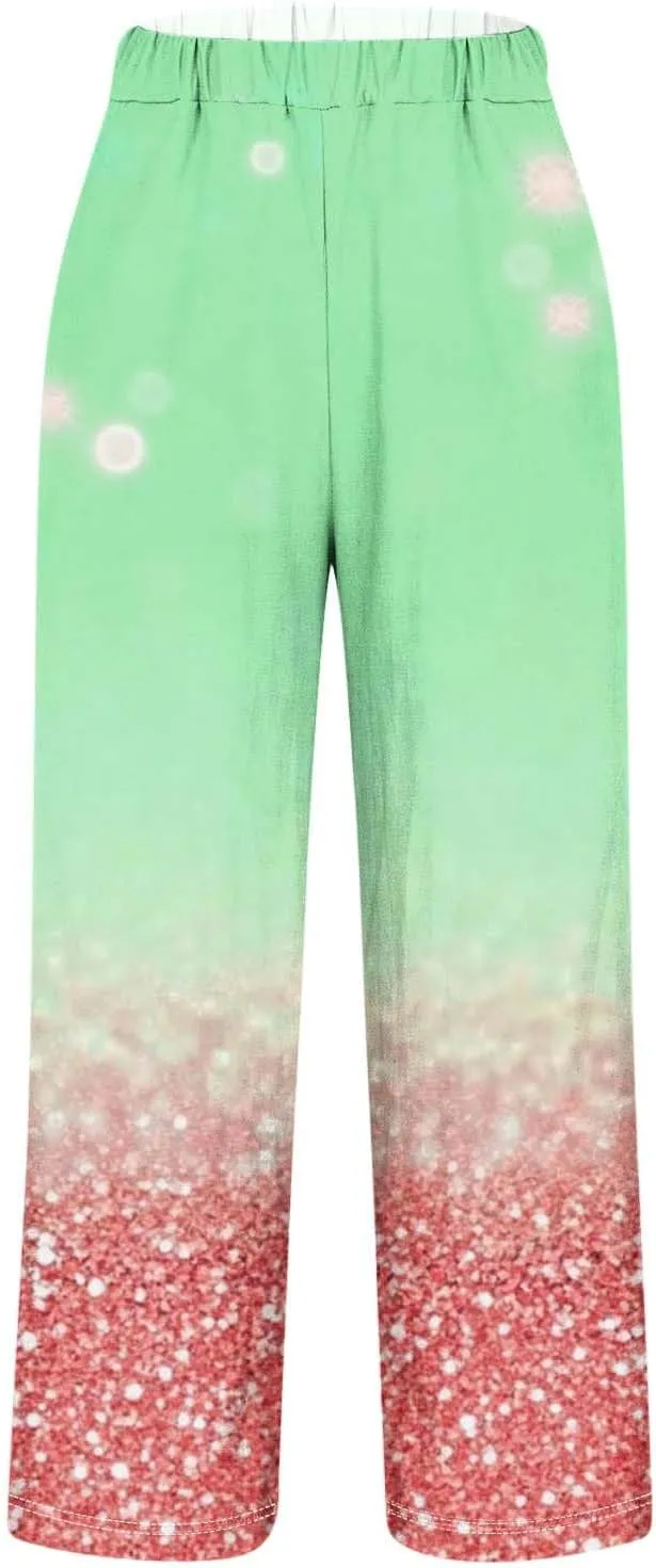 Womens Trendy Printed Linen Pants Summer High Elastic Waisted Long Pants Casual Straight Leg Trousers with Pockets