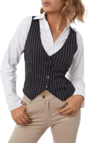 Women's V Neck Button Down Crop Vest Top Business Sleeveless Waistcoat Vintage Grunge Suit Vest Y2K Streetwear
