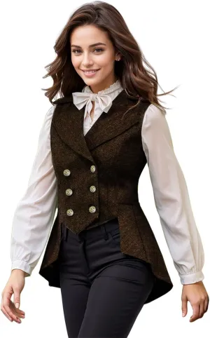 Women's Victorian Waistcoat,1920s Outfits Renaissance Tweed Tailcoat Goth Steampunk Vest Jacket Top