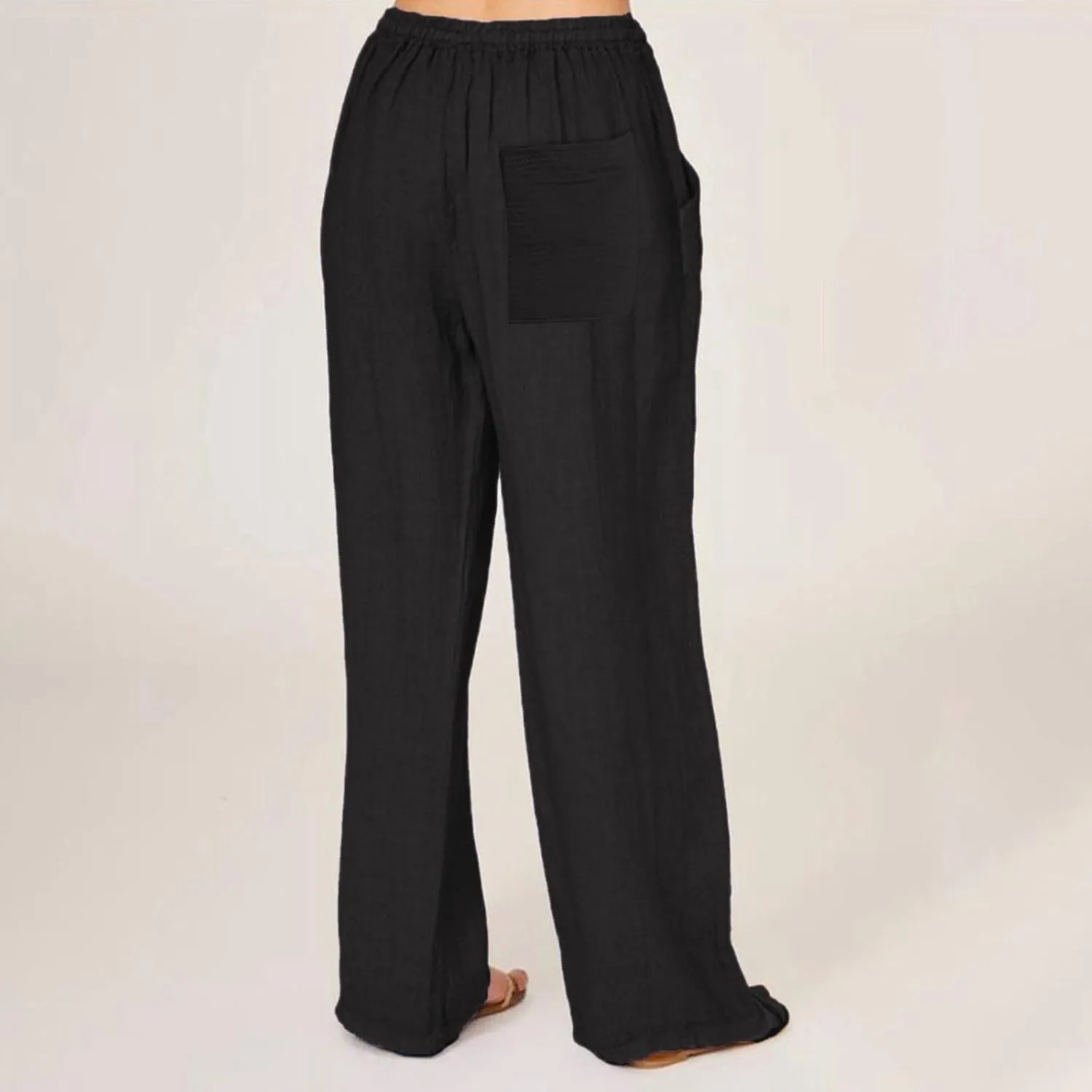 Women's Wide Leg Cotton Linen Pants Summer Flowy Beach Pants Drawstring High Waisted Palazzo Pants Plus Size Yoga Trousers