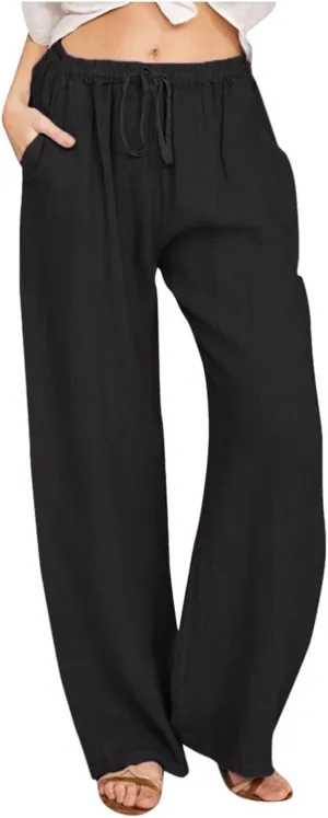 Women's Wide Leg Cotton Linen Pants Summer Flowy Beach Pants Drawstring High Waisted Palazzo Pants Plus Size Yoga Trousers