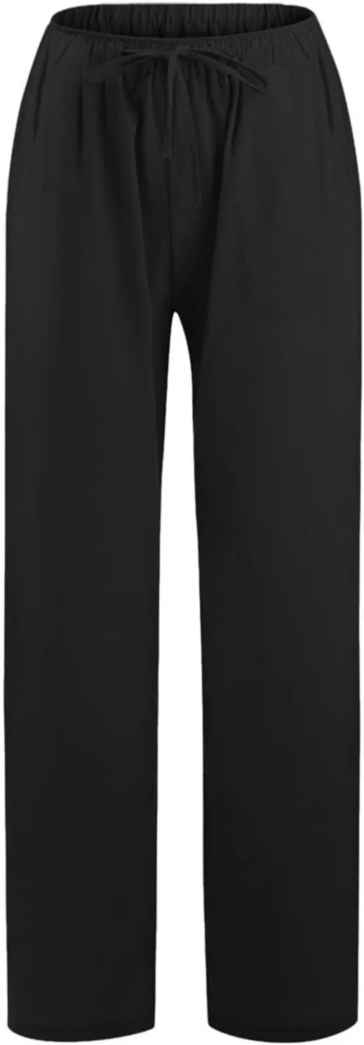 Women's Wide Leg Cotton Linen Pants Summer Flowy Beach Pants Drawstring High Waisted Palazzo Pants Plus Size Yoga Trousers