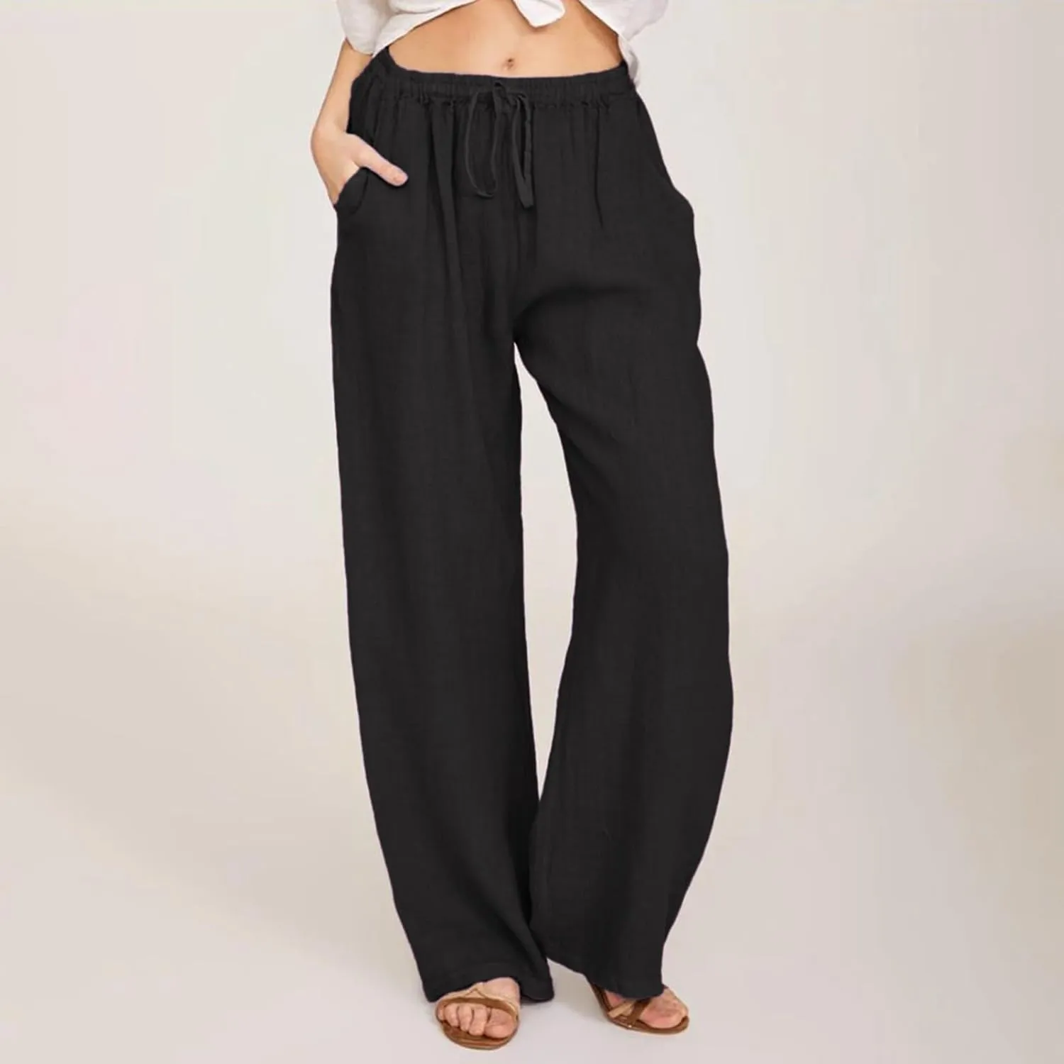 Women's Wide Leg Cotton Linen Pants Summer Flowy Beach Pants Drawstring High Waisted Palazzo Pants Plus Size Yoga Trousers