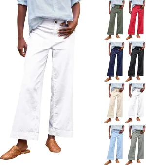 Womens Wide Leg Linen Pants Elastic High Waisted Cropped Pants Summer Business Casual Work Trousers with Pockets