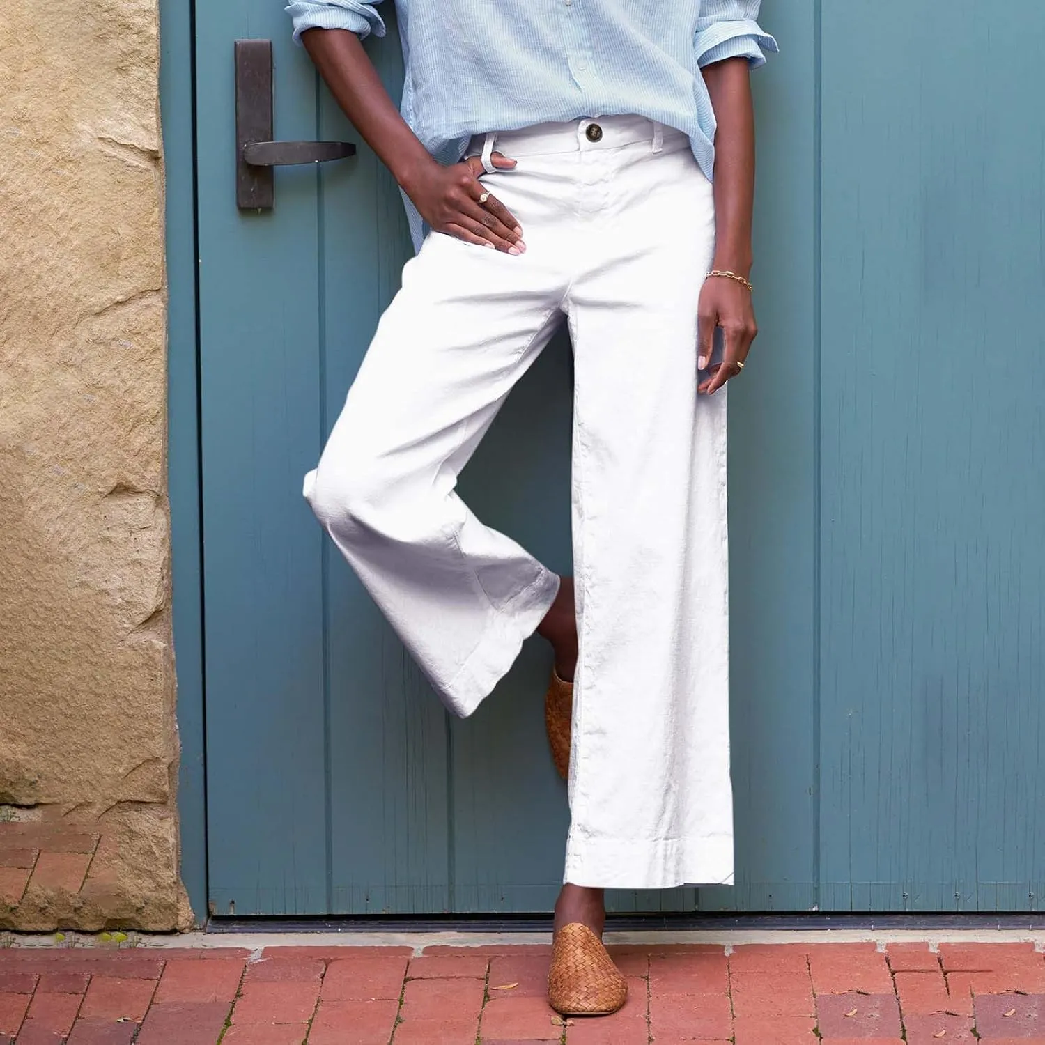 Womens Wide Leg Linen Pants Elastic High Waisted Cropped Pants Summer Business Casual Work Trousers with Pockets