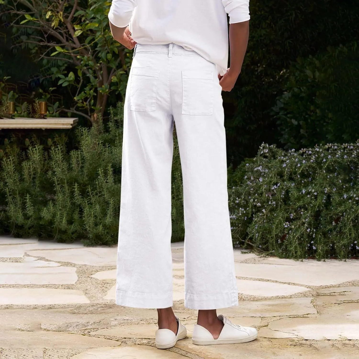 Womens Wide Leg Linen Pants Elastic High Waisted Cropped Pants Summer Business Casual Work Trousers with Pockets