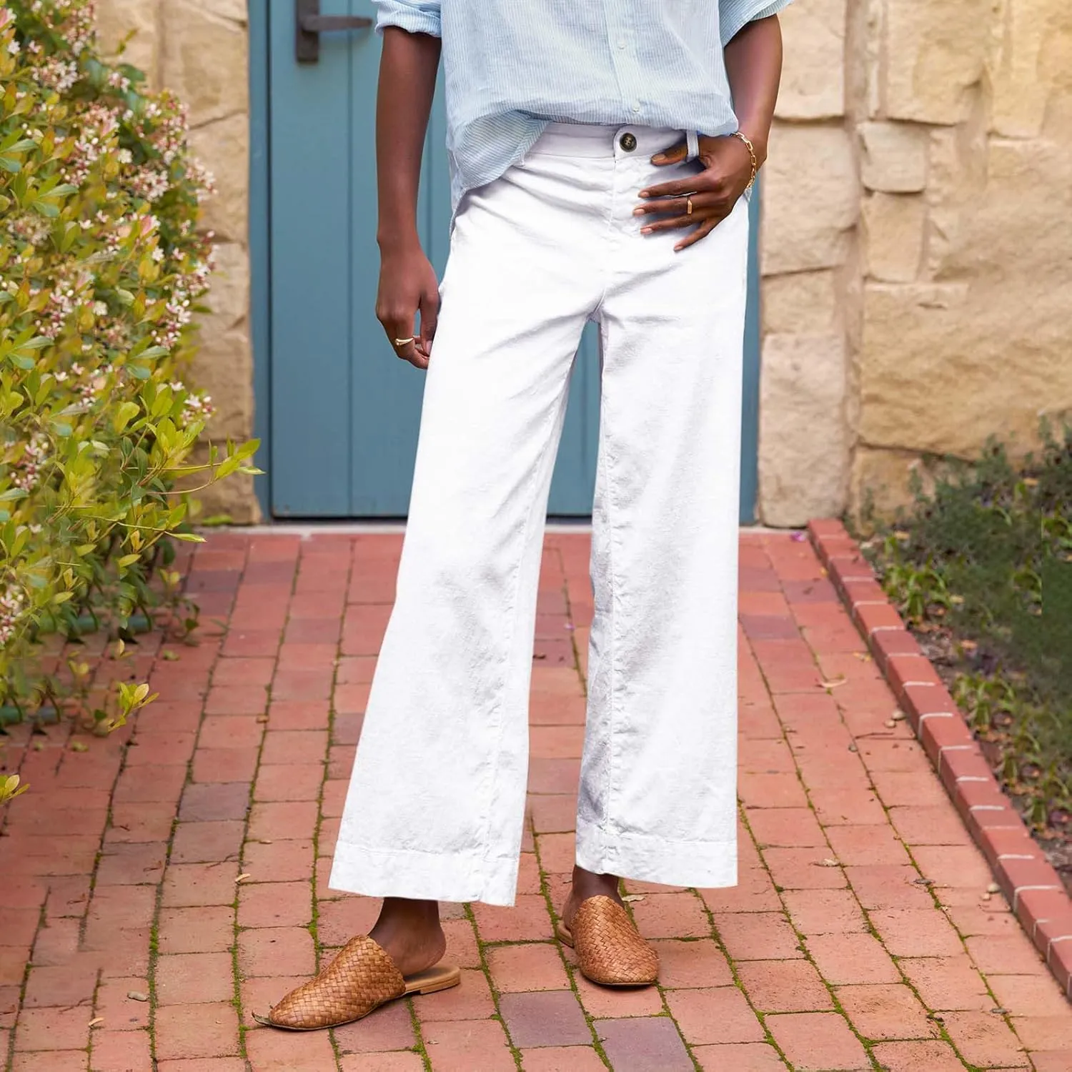 Womens Wide Leg Linen Pants Elastic High Waisted Cropped Pants Summer Business Casual Work Trousers with Pockets