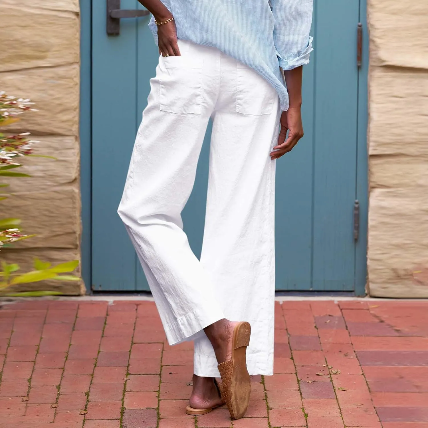 Womens Wide Leg Linen Pants Elastic High Waisted Cropped Pants Summer Business Casual Work Trousers with Pockets