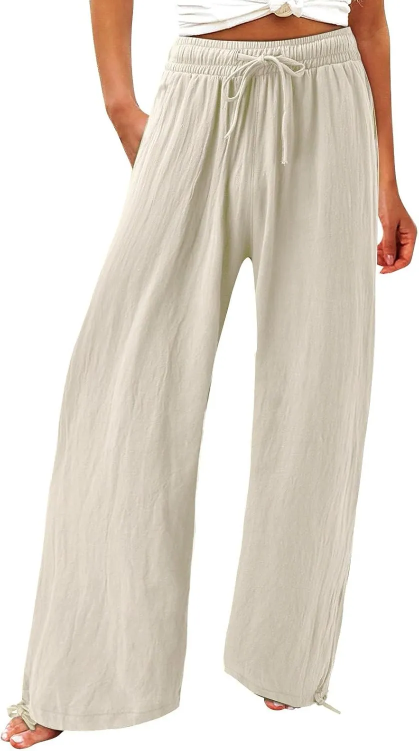 Womens Wide Leg Palazzo Pants High Waisted Adjustable Linen Flowy Trousers Casual Loose Lounge Pant with Pockets