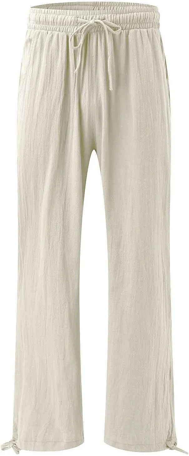 Womens Wide Leg Palazzo Pants High Waisted Adjustable Linen Flowy Trousers Casual Loose Lounge Pant with Pockets