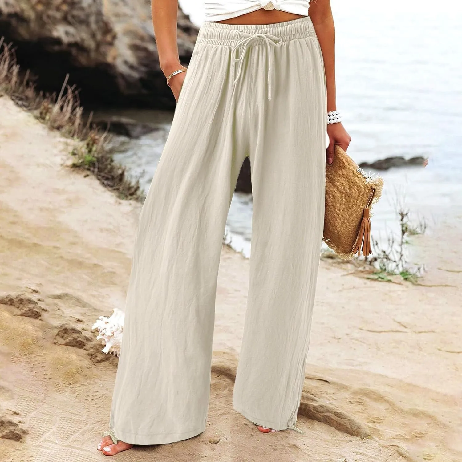 Womens Wide Leg Palazzo Pants High Waisted Adjustable Linen Flowy Trousers Casual Loose Lounge Pant with Pockets