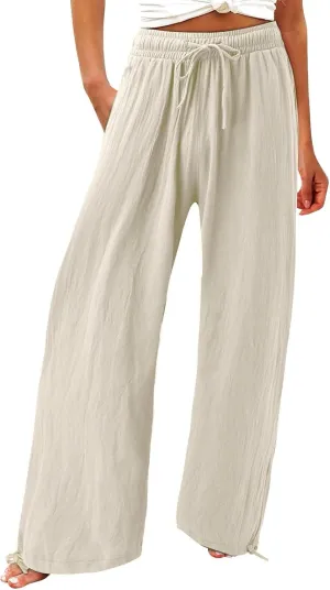 Womens Wide Leg Palazzo Pants High Waisted Adjustable Linen Flowy Trousers Casual Loose Lounge Pant with Pockets